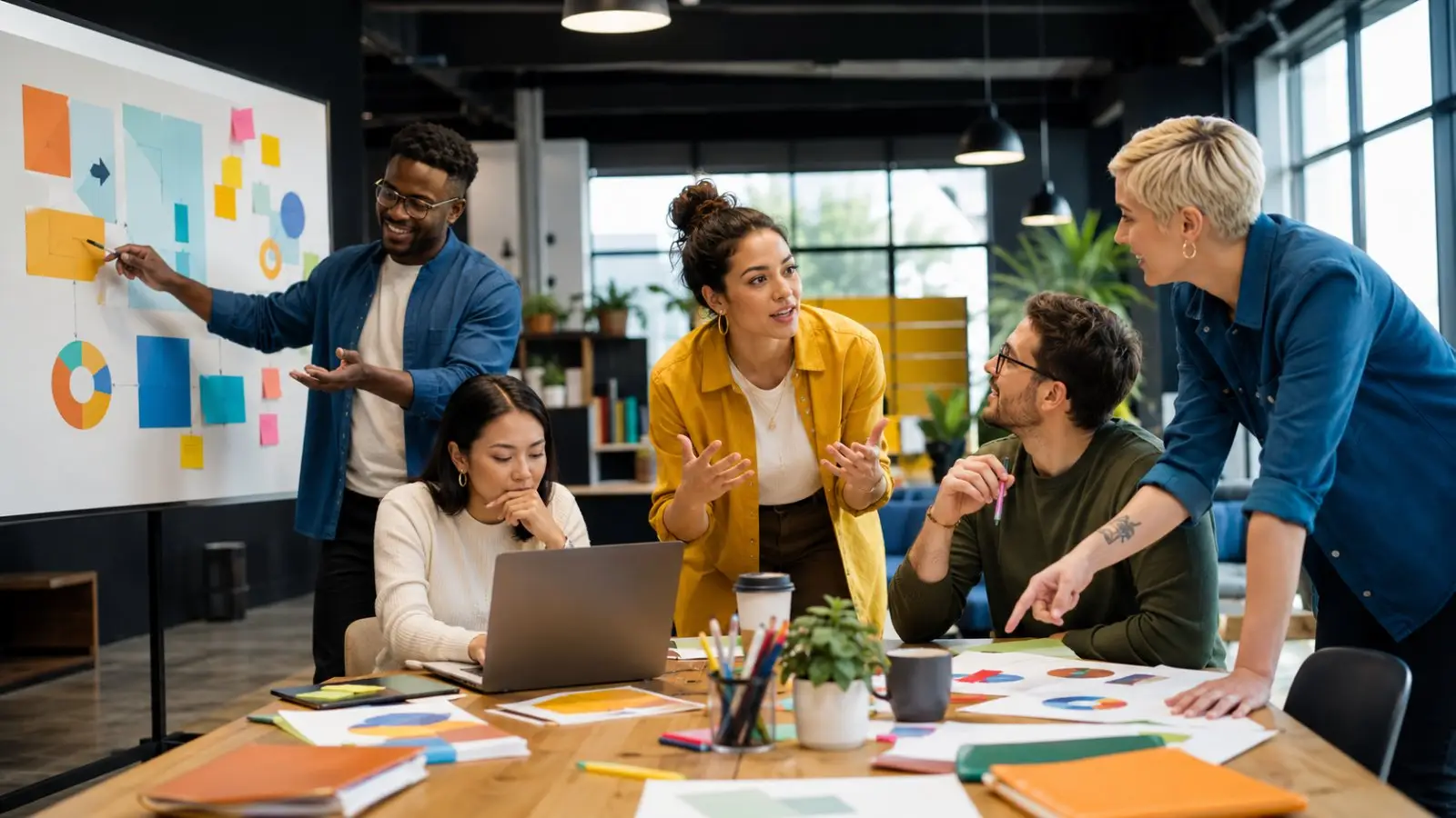 Portada del test de personalidad sobre tipos de compañeros de trabajo con un equipo colaborando alrededor de una mesa en una oficina moderna