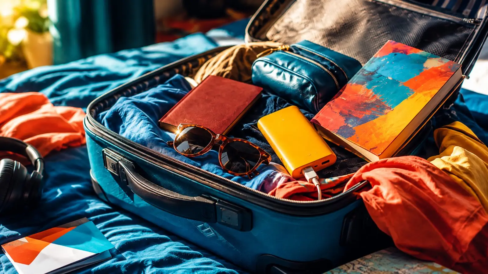 Portada del test de personalidad sobre qué objeto de una maleta eres, con una maleta azul abierta llena de ropa, gafas, cuaderno y batería portátil