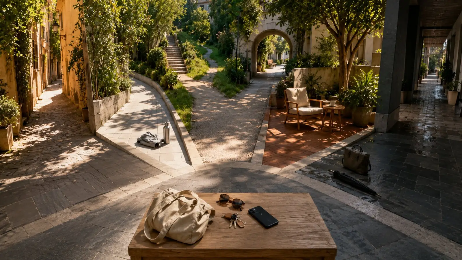 Portada de un test de personalidad con una mesa y varios caminos entre árboles y edificios, como opciones para un día sin ningún plan