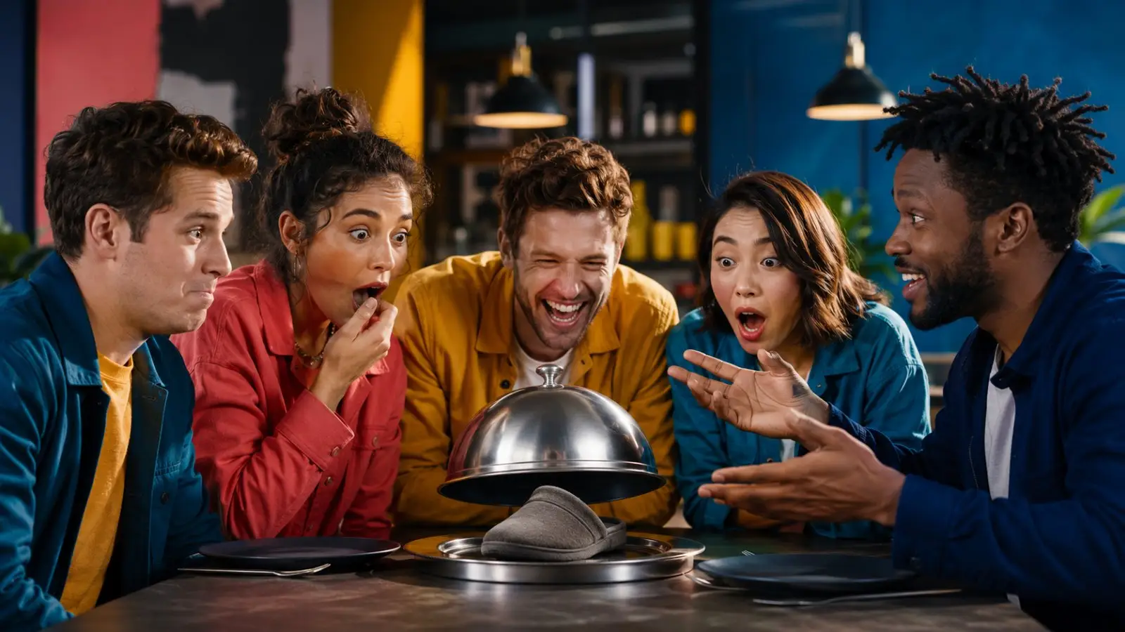 Portada del test de personalidad sobre el tipo de humor, con cinco amigos riendo y sorprendidos alrededor de una bandeja tapada en un ambiente animado