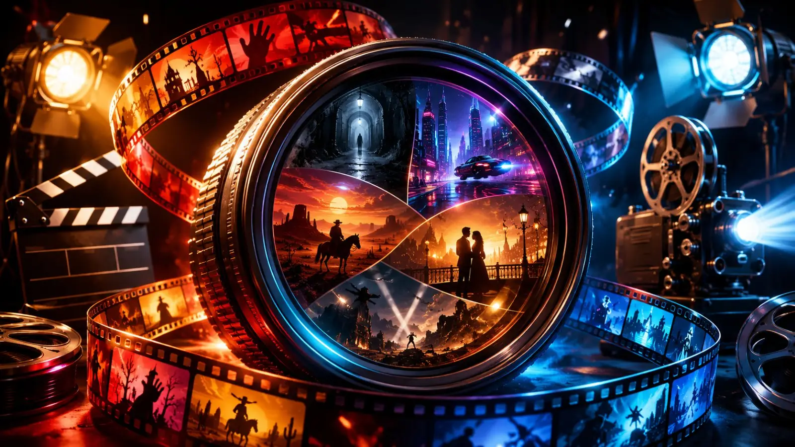 Portada del quiz de cine para adivinar el género de 15 películas famosas, con una lente llena de escenas de acción, fantasía y aventura entre rollos y focos