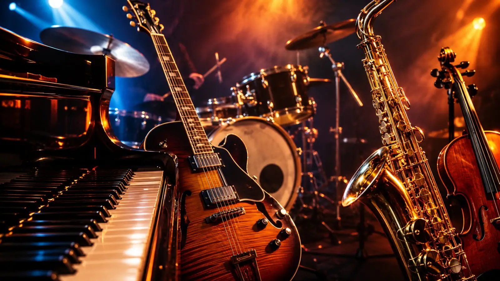 Portada del test de personalidad «¿Qué instrumento musical eres?» con piano, guitarra, saxofón, batería y violín bajo luces de escenario