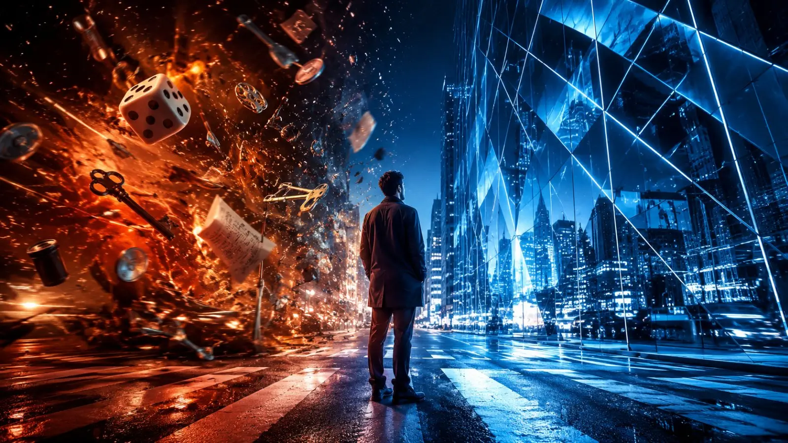 Portada de un test de personalidad con una persona entre un caos ardiente de objetos y una ciudad futurista azul, evocando casualidades y señales