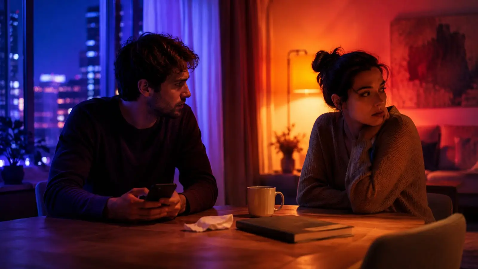 Portada del quiz sobre estilos de disculpa con una pareja sentada en silencio a una mesa, en un ambiente nocturno de tensión y distancia emocional