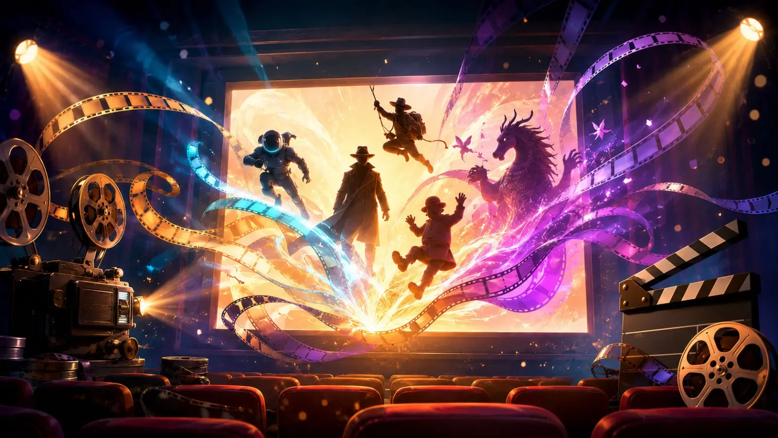 Portada del quiz de cine para adivinar personajes, con héroes, un vaquero y una criatura fantástica saliendo de una pantalla entre rollos de película