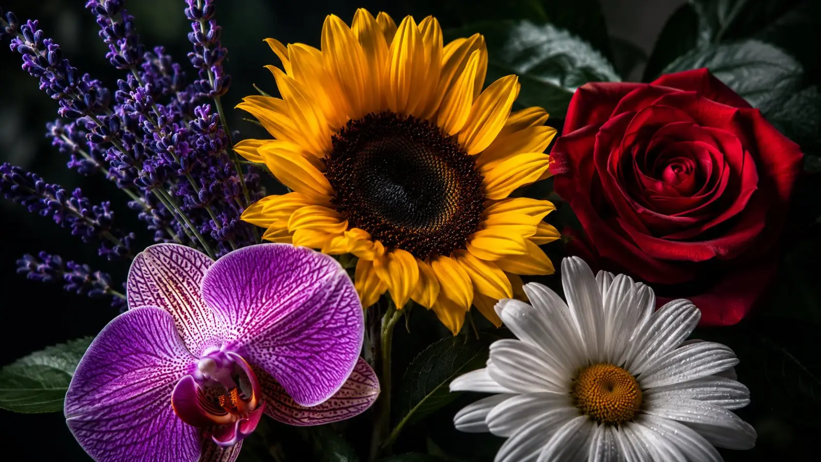 Portada del test de personalidad sobre flores con un girasol, una rosa roja, una orquídea, lavanda y una margarita sobre fondo oscuro