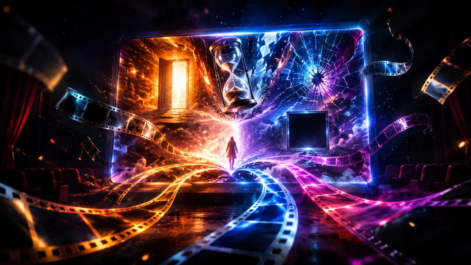 Portada del quiz sobre finales de películas, con una pantalla de cine agrietada, una figura entre luces de colores y tiras de película