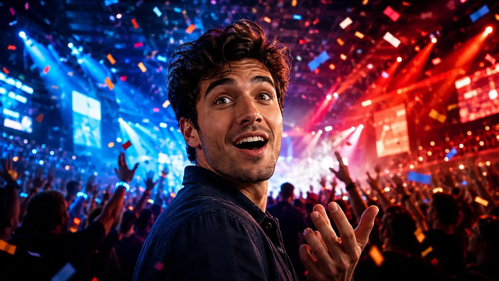 Portada del test de personalidad con un joven emocionado entre una multitud, luces de concierto y confeti de colores