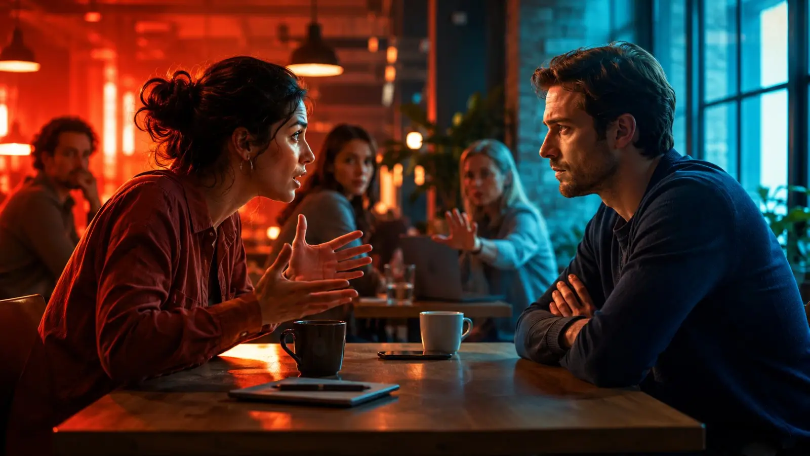 Portada del test de personalidad sobre cómo afrontas los conflictos, con una mujer gesticulando ante un hombre serio en una cafetería de ambiente tenso