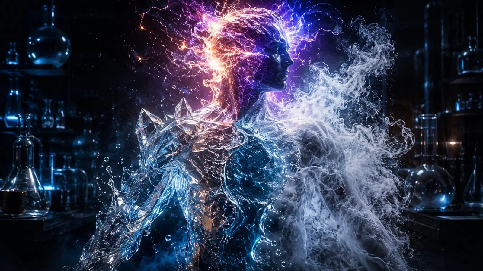 Portada del test de personalidad sobre los estados de la materia con una figura formada por hielo, agua, vapor y energía luminosa