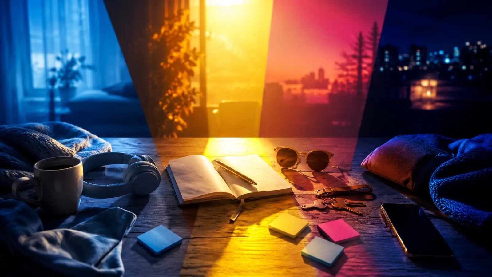Portada del test de personalidad con una mesa de trabajo, cuaderno abierto y objetos cotidianos bajo distintas luces que evocan los días de la semana y diferentes estados de ánimo