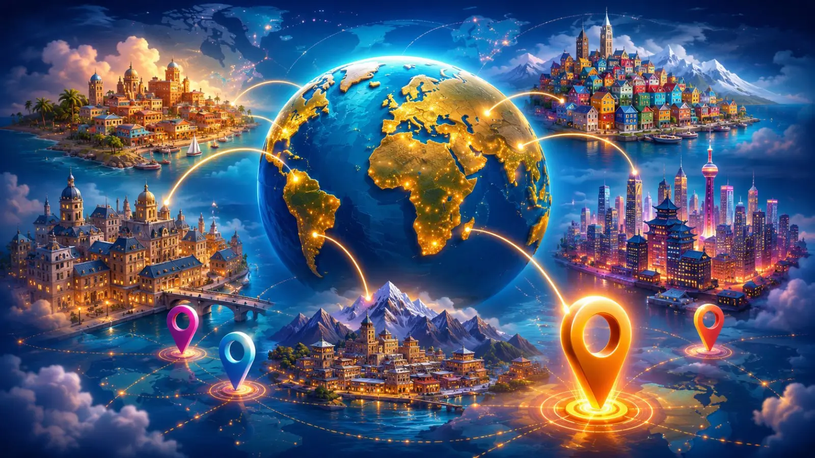Portada del quiz de geografía para adivinar países, con un globo terráqueo conectado a ciudades iluminadas y marcadores de ubicación
