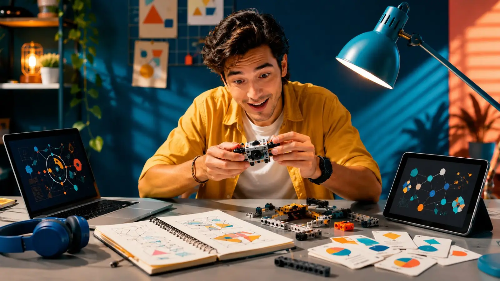 Portada del test de estilo de aprendizaje con un joven montando un robot entre apuntes, esquemas digitales y materiales creativos