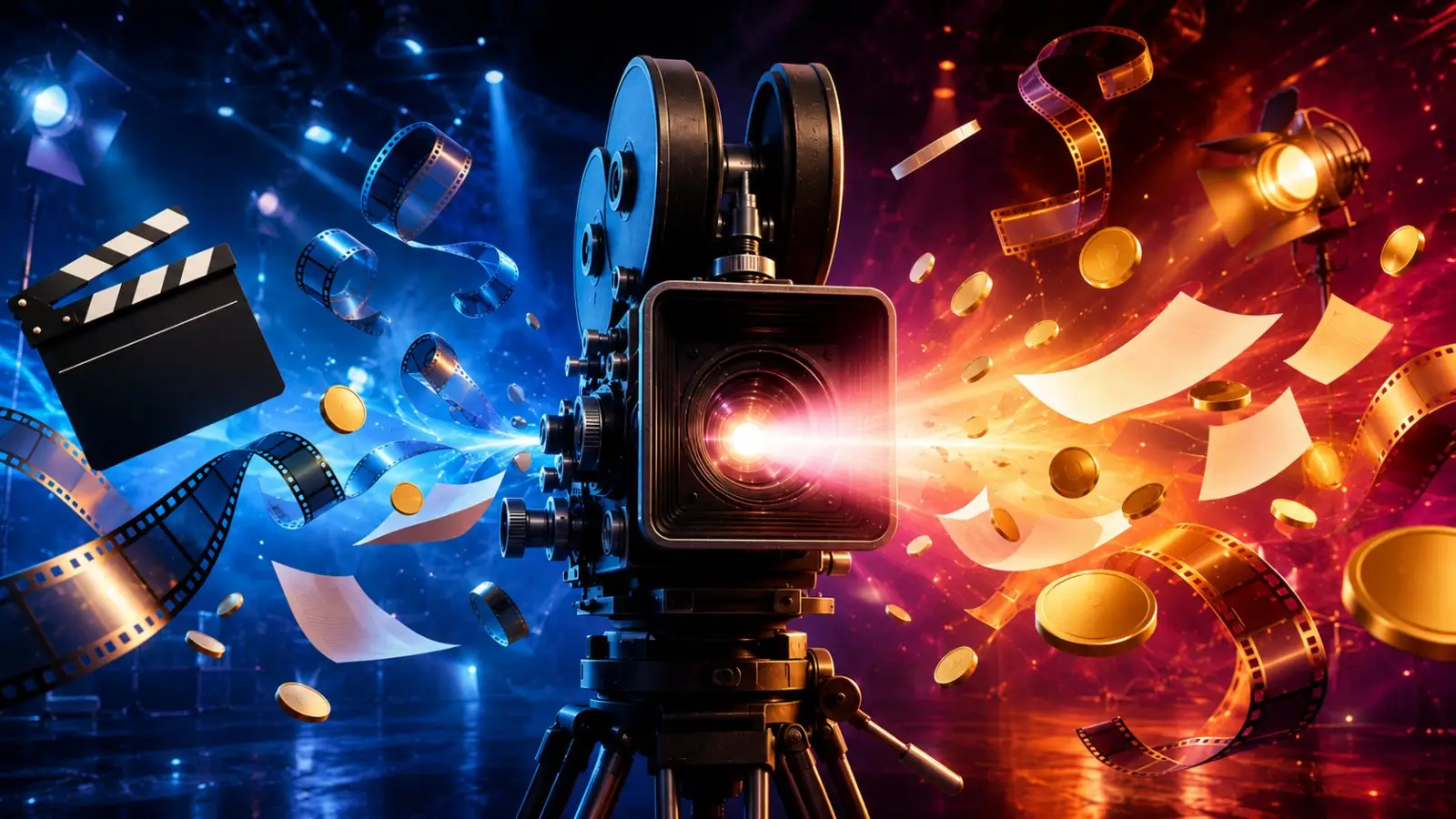 Portada del test de cine sobre presupuestos de películas, con una cámara clásica, claqueta, rollos de película y monedas entre luces azules y rojas