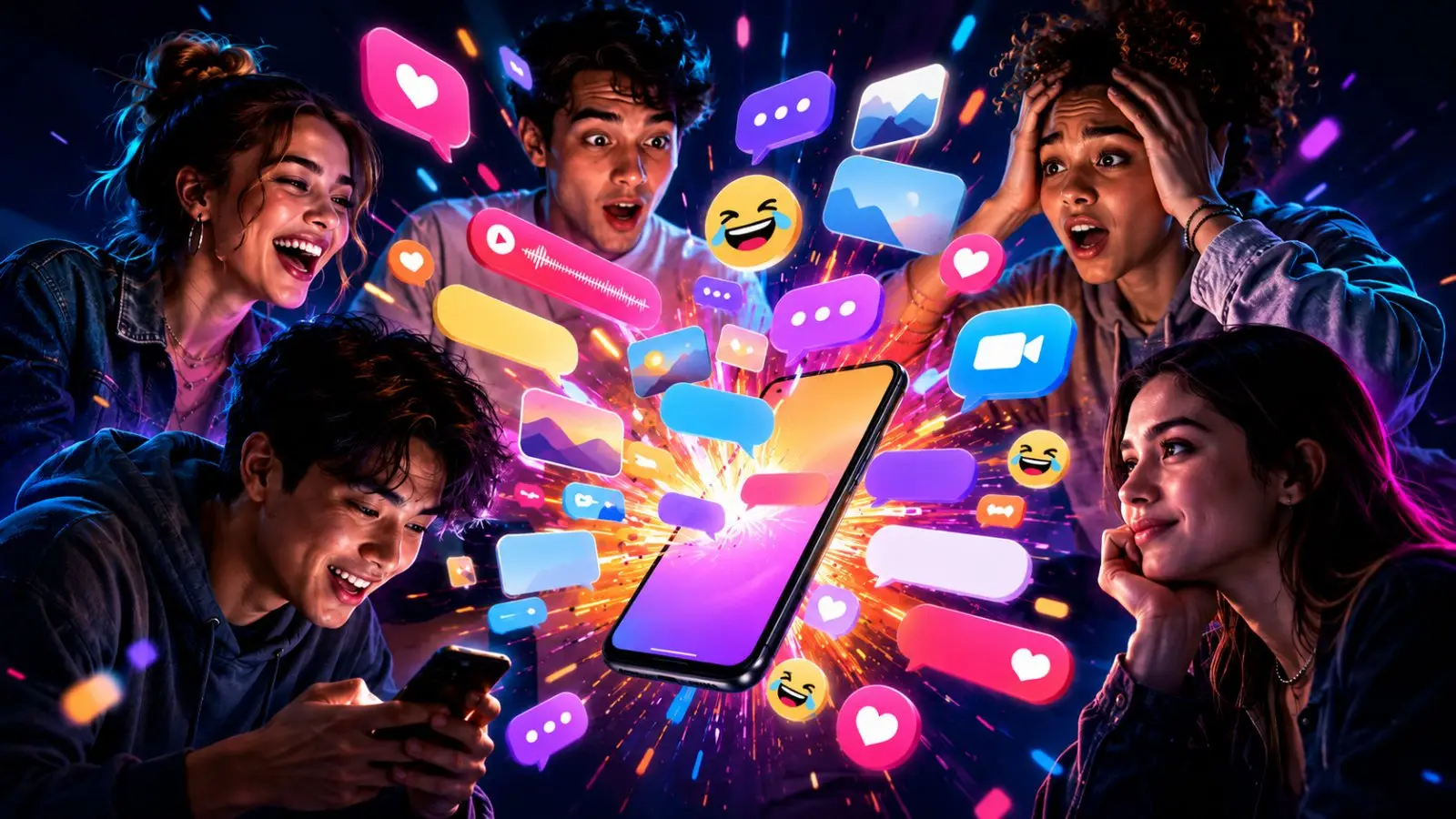 Portada del test de personalidad sobre el papel en el chat grupal con cinco jóvenes alrededor de un móvil, rodeados de mensajes, emojis y una atmósfera vibrante de redes sociales