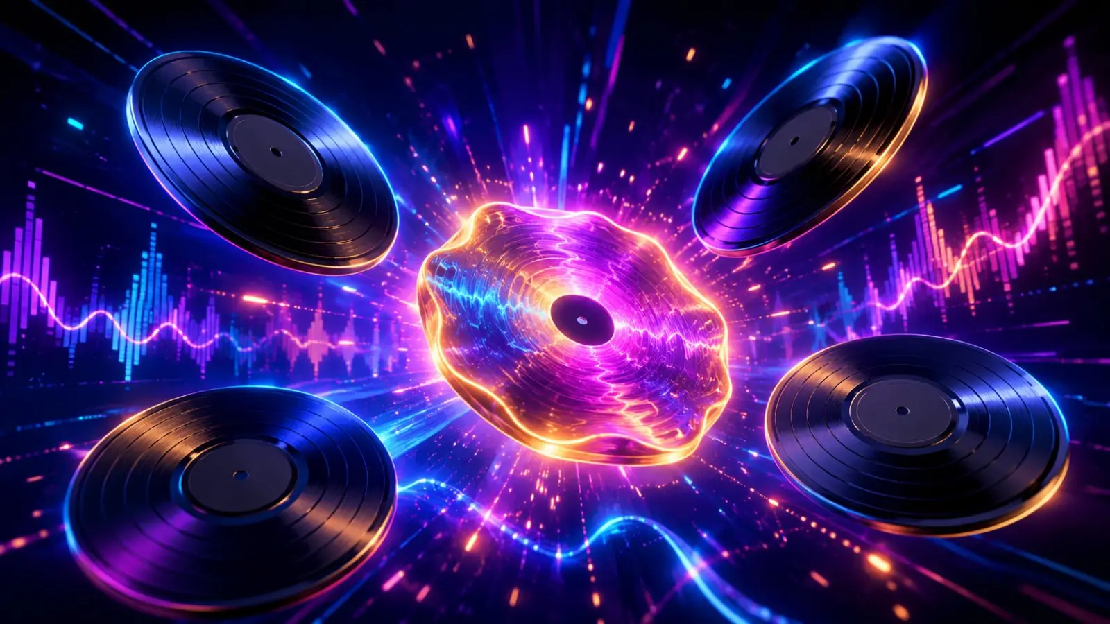 Portada de un quiz musical con discos de vinilo flotando alrededor de un núcleo luminoso y ondas de sonido de neón sobre un fondo oscuro