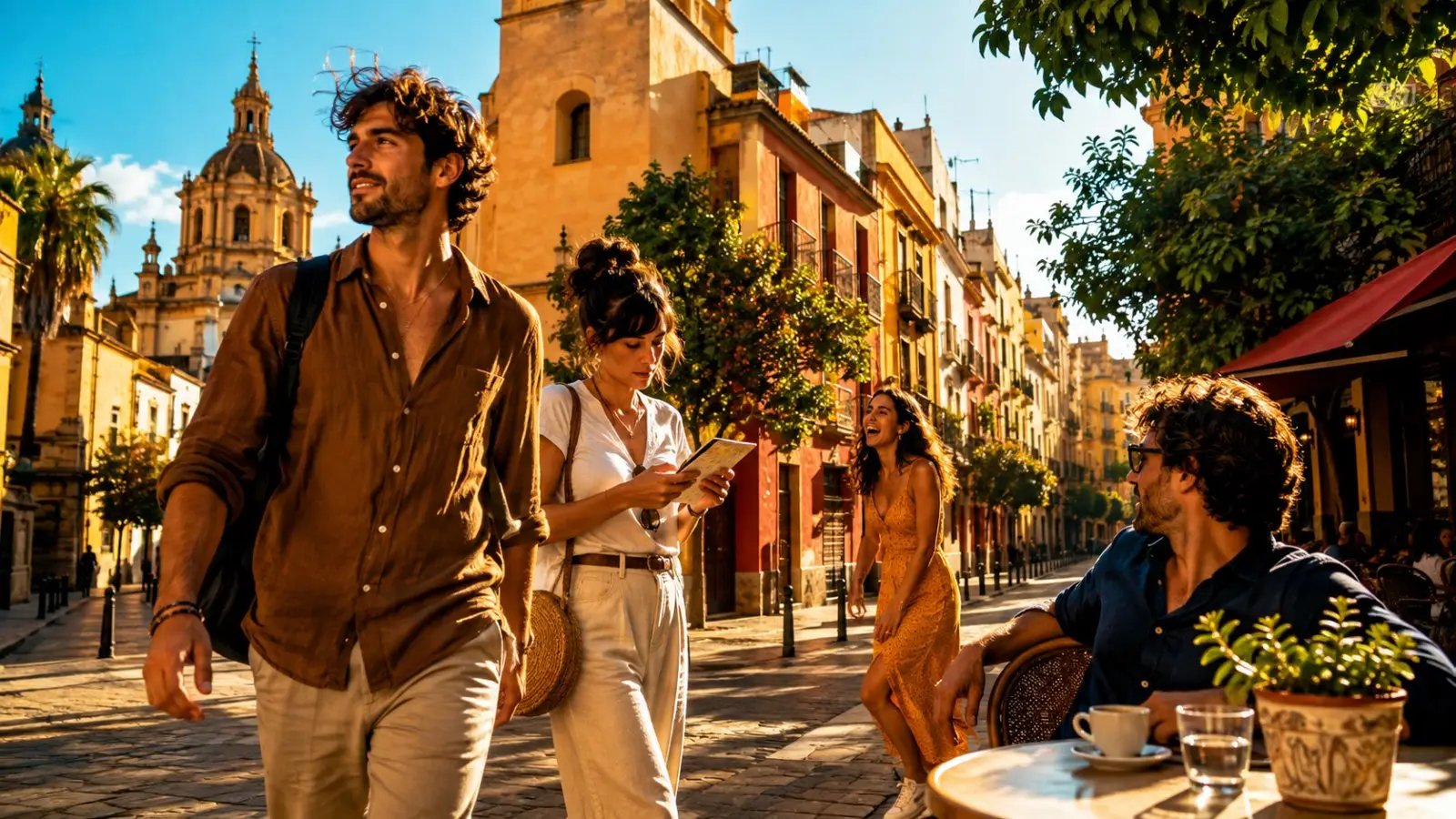 Portada del test de personalidad sobre refranes españoles con varias personas paseando y conversando en una soleada calle de una ciudad histórica