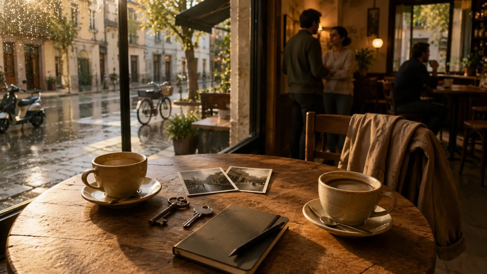 Portada del quiz sobre verdades ocultas en Acaramelados, con dos cafés, fotografías y unas llaves sobre una mesa junto a una cafetería lluviosa