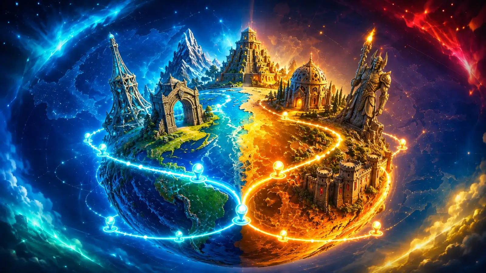 Portada del Quiz de geografía: lugares emblemáticos y sus países, con monumentos y paisajes de distintos continentes sobre un planeta azul y dorado