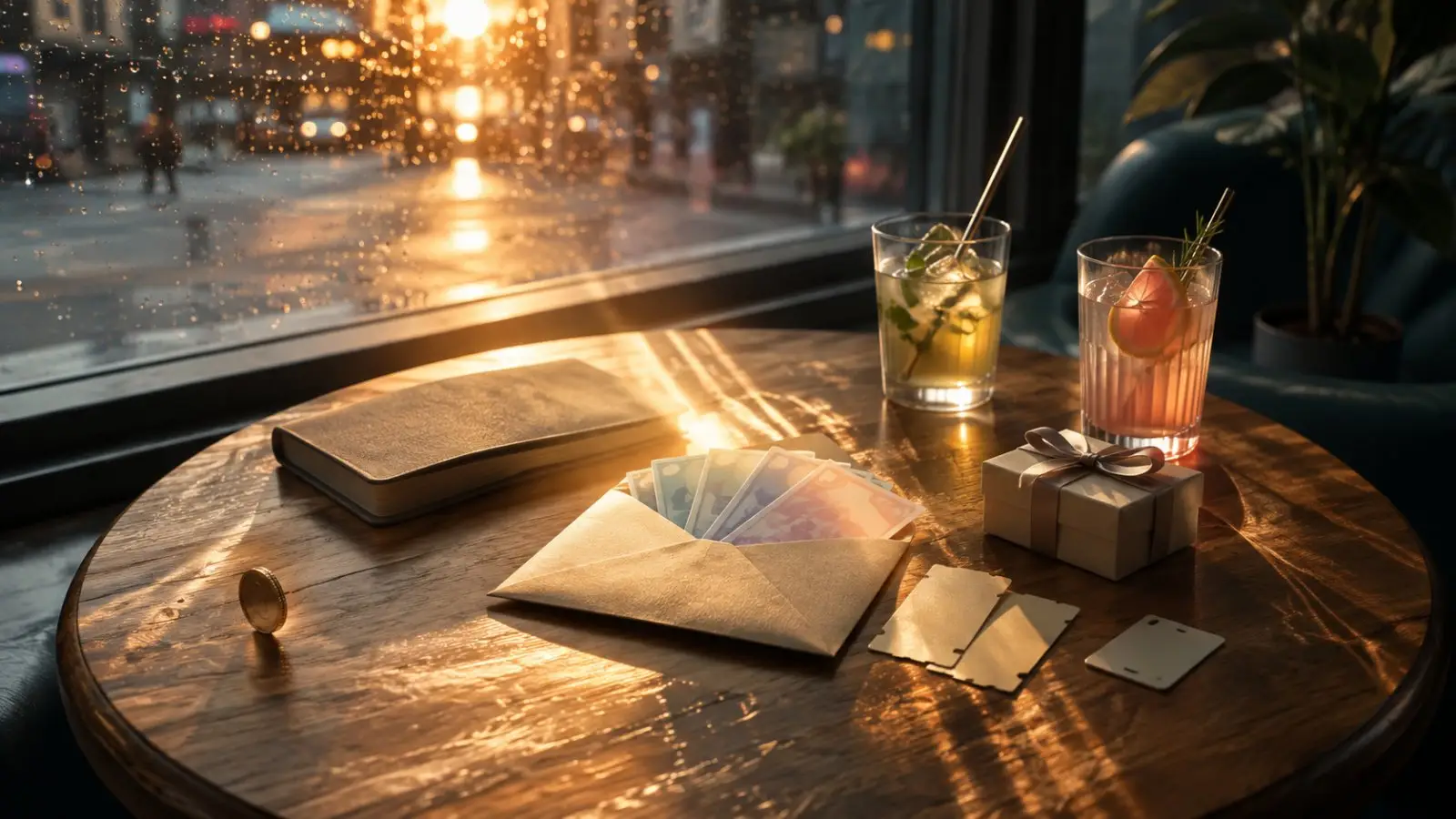 Portada del quiz sobre cómo reaccionas ante la buena suerte, con sobres, tarjetas y dos bebidas sobre una mesa iluminada por el atardecer