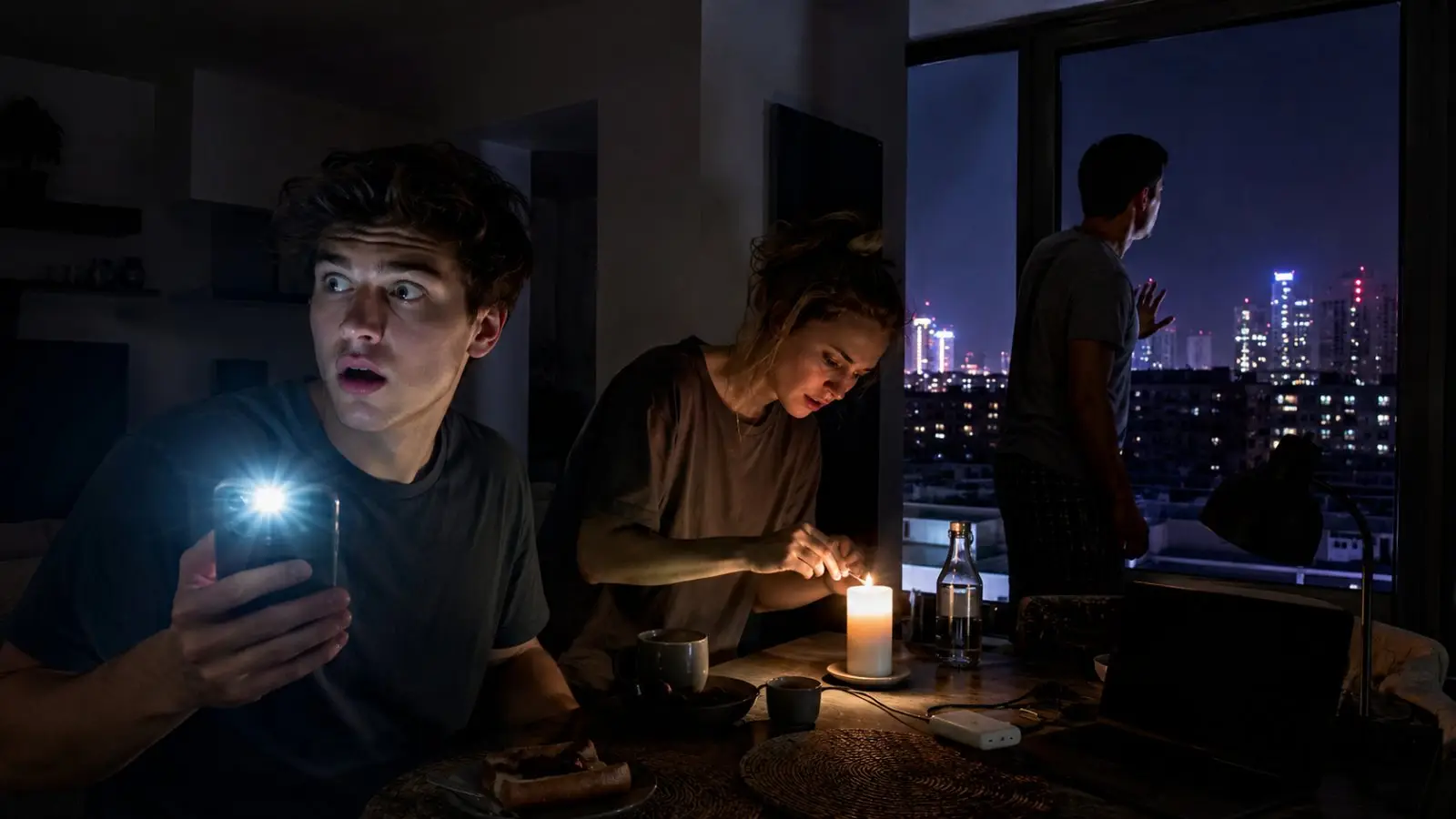 Portada del test de personalidad sobre un apagón, con tres personas en un piso oscuro iluminado por un móvil y una vela frente a la ciudad nocturna